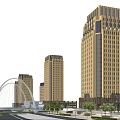 Modern Commercial Street With Tall Buildings Arch Bridge And Green Trees