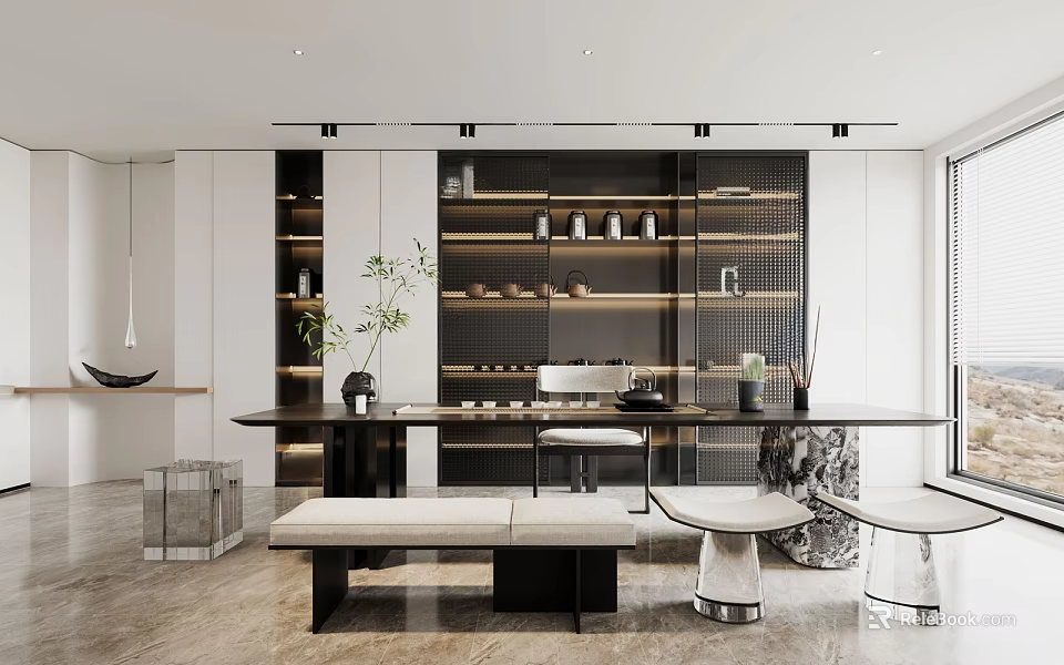 Modern Tea Room Interior Design With Long Table Tea Sets And Marble Storage Cabinets 3d model