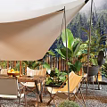 Outdoor Canopy Tent in Garden with Lush Plants Wooden Table Chairs and Food Drinks