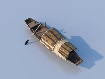 Vintage Brown Wooden Boat With Canopy And Oar On Blue Background 3d model