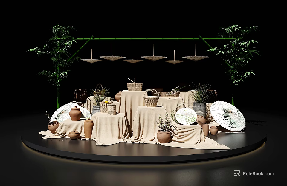 Rustic Display Setup With Pottery Baskets Green Plants And Hanging Lamps 3d model 