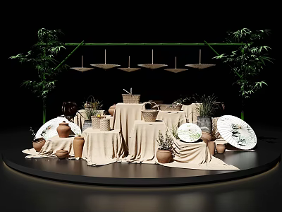 Rustic Display Setup With Pottery Baskets Green Plants And Hanging Lamps 3d model