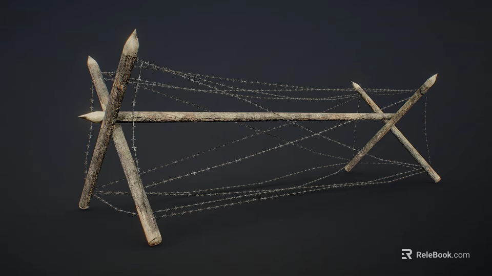 Rustic Fence Structure Featuring Crossed Rough Wooden Posts And Woven Wire 3d model