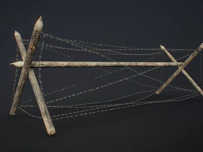 Rustic Fence Structure Featuring Crossed Rough Wooden Posts And Woven Wire 3d model