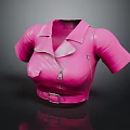 Pink Leather Short Sleeve Cropped Top With Collar Zipper And Belt