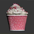 Creamy Ice Cream With Whipped Cream In Pink Cup With White Dots And Stripes