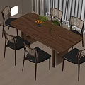 Modern Wooden Dining Table With Mesh Back Chairs And Fruit Bowl Green Plant Vase