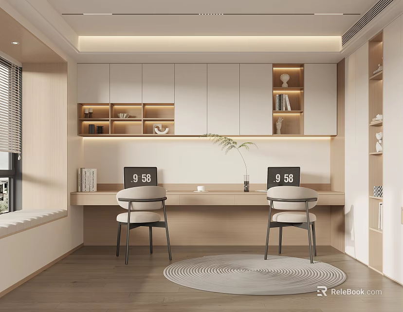 Modern Study Room Interior Design With Two Desks Chairs Bookshelves And Potted Plant 3d model 