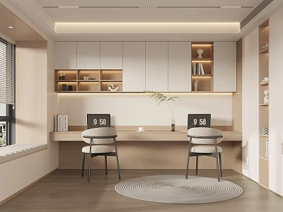 Modern Study Room Interior Design With Two Desks Chairs Bookshelves And Potted Plant 3d model