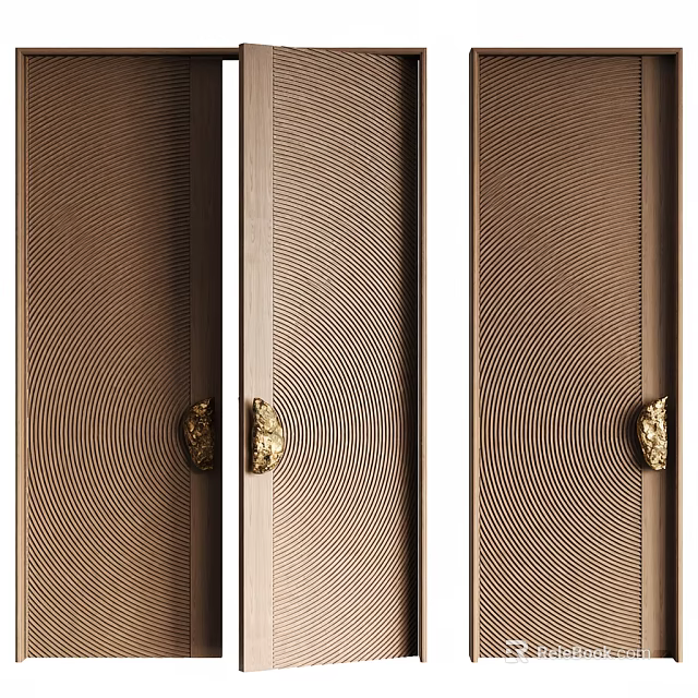 Elegant Bronze Double Doors With Circular Pattern Surface And Golden Handles 3d model 