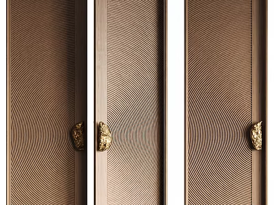 Elegant Bronze Double Doors With Circular Pattern Surface And Golden Handles 3d model