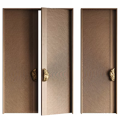 Elegant Bronze Double Doors With Circular Pattern Surface And Golden Handles 3d model