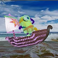 Minion In Orange Duck Costume On Wooden Boat With Sun Pattern Sail At Ocean Beach