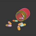 Red Pill Bottle Spilled Orange And White Capsules On Dark Surface 3d model