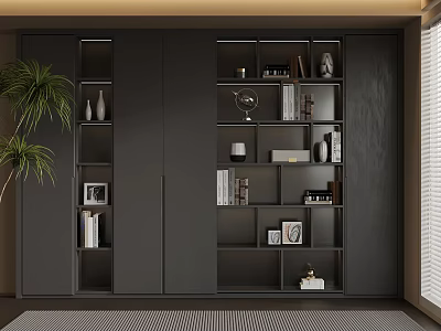 Modern Dark Storage Cabinet With Multiple Shelves Books Photo Frames And Potted Plant 3d model