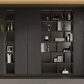 Modern Dark Storage Cabinet With Multiple Shelves Books Photo Frames And Potted Plant