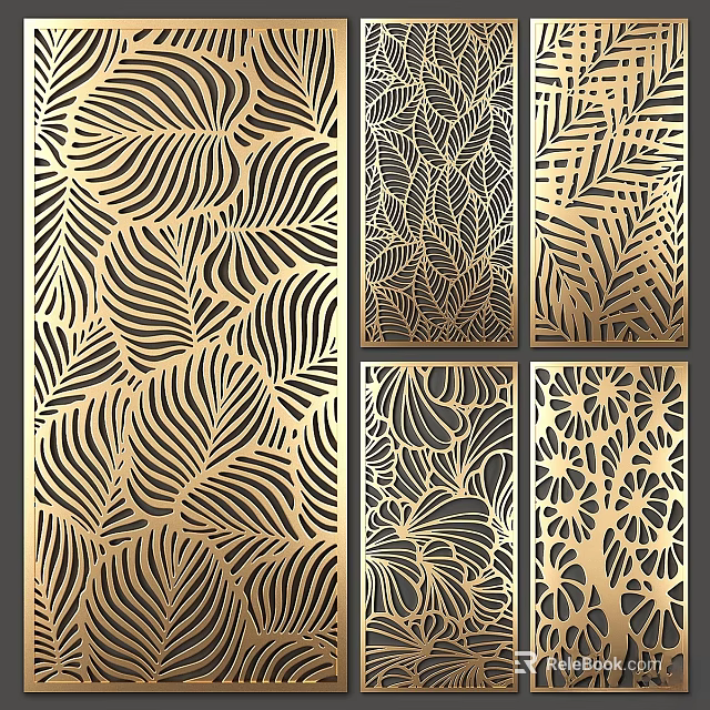 Golden Intricate Laser Cut Leaf And Floral Wall Decor Patterns 3d model 