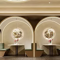 Modern Artistic Café Interior Featuring Green Plants Red Sculpture Curved Walls And Terrazzo Floor