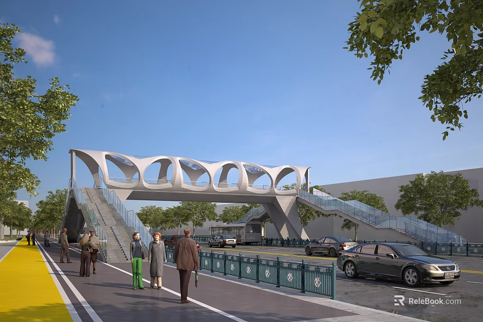 Modern Pedestrian Bridge with Multiple Arched Structure in Urban Area Featuring Trees Pedestrians and Vehicles 3d model 