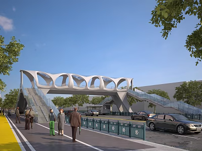 Modern Pedestrian Bridge with Multiple Arched Structure in Urban Area Featuring Trees Pedestrians and Vehicles 3d model