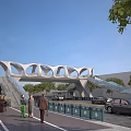 Modern Pedestrian Bridge with Multiple Arched Structure in Urban Area Featuring Trees Pedestrians and Vehicles