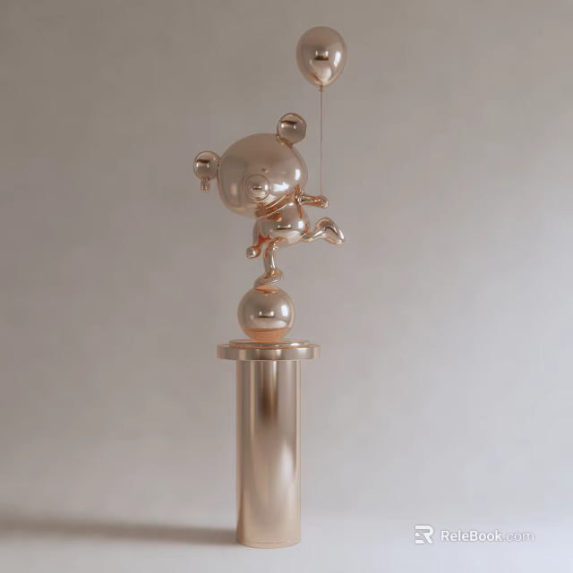 Rose Gold Bear Sculpture Holding Balloon Standing On Shiny Cylindrical Pedestal 3d model 
