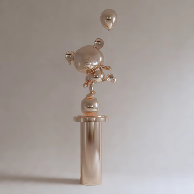 Rose Gold Bear Sculpture Holding Balloon Standing On Shiny Cylindrical Pedestal 3d model