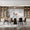 Modern Luxury Restaurant With Chinese Landscape Painting Round Table Brown Chairs Bookshelves And Pendant Light
