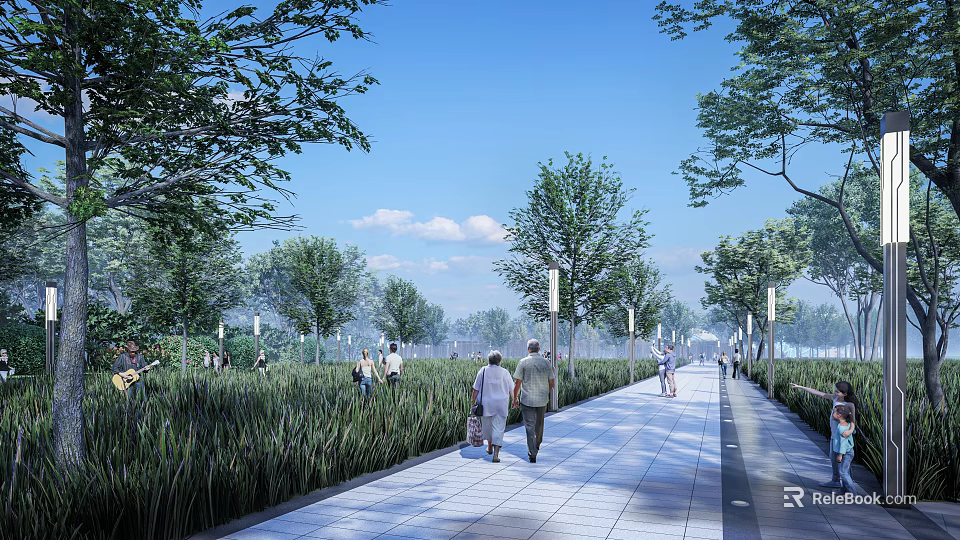 Scenic Park Landscape Featuring Paved Pathway Lined With Trees And People Walking Under Blue Sky 3d model 