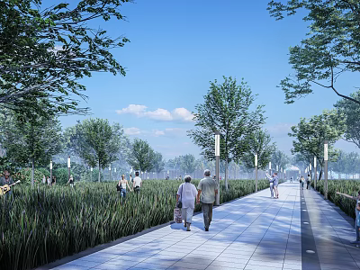 Scenic Park Landscape Featuring Paved Pathway Lined With Trees And People Walking Under Blue Sky 3d model