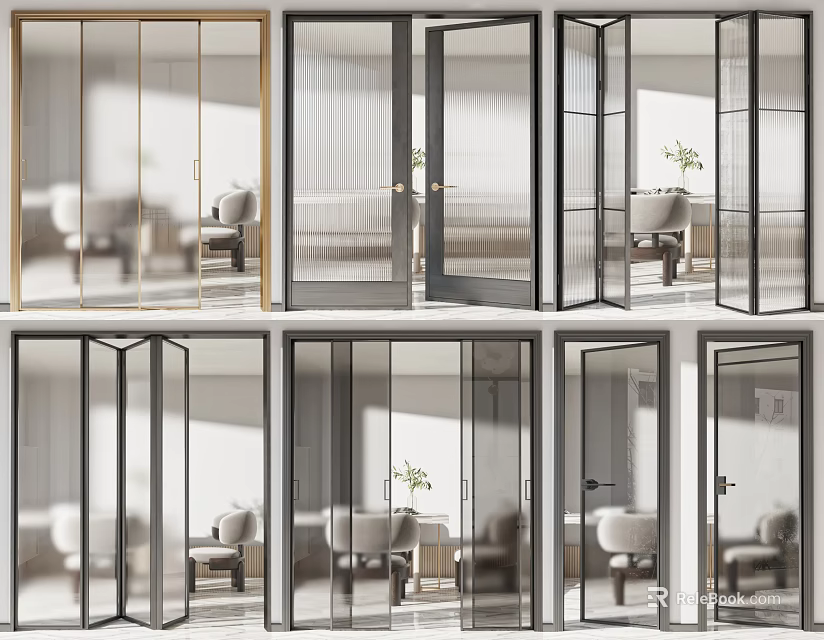 Modern Glass Sliding Doors With Gold And Black Frames For Home Interior Design 3d model 