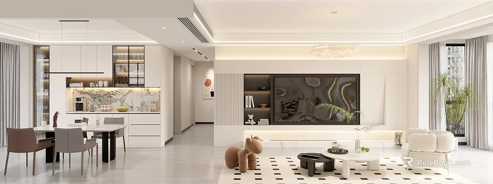 Modern Living and Dining Room Interior Design With White Cabinets Decorative Artwork And Hanging Chandelier 3d model 