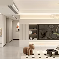 Modern Living and Dining Room Interior Design With White Cabinets Decorative Artwork And Hanging Chandelier