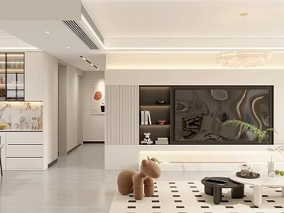 Modern Living and Dining Room Interior Design With White Cabinets Decorative Artwork And Hanging Chandelier 3d model