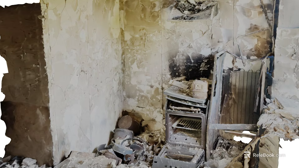 Fire Damaged Kitchen Interior Showing Burned Walls Broken Appliances And Debris 3d model 