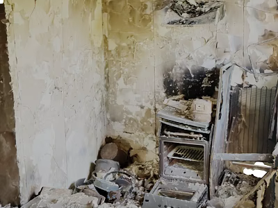 Fire Damaged Kitchen Interior Showing Burned Walls Broken Appliances And Debris 3d model