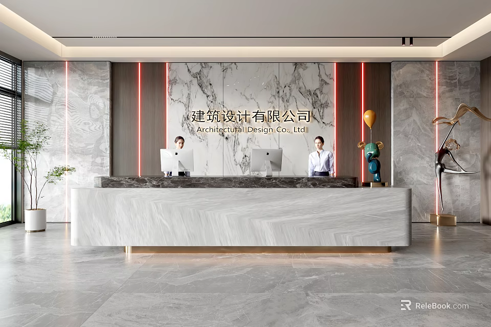 Modern Architectural Design Company Reception Area With Marble Desk Staff Plants And Decorations 3d model 