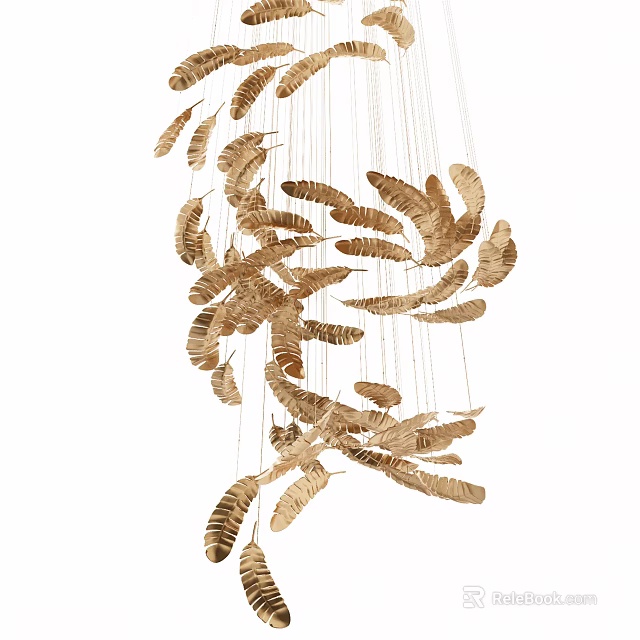 Elegant Modern Golden Feather Shaped Chandelier with Delicate Hanging Design for Stylish Spaces 3d model 