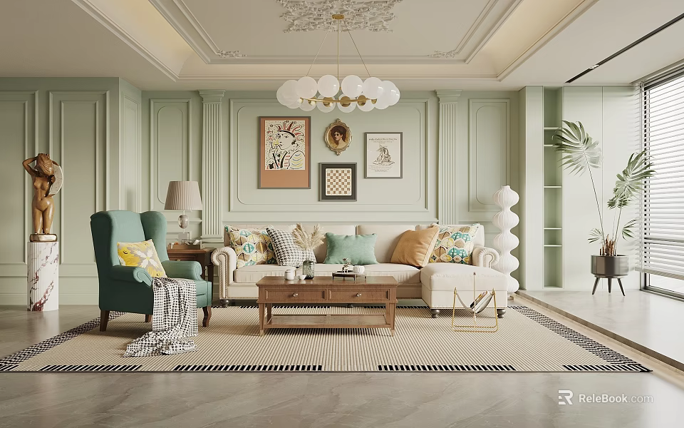 Light Green Living Room with Chandelier Framed Paintings Beige Sofa and Green Armchair 3d model 