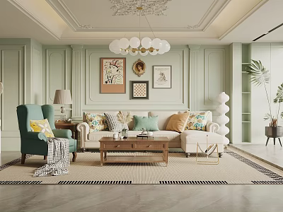 Light Green Living Room with Chandelier Framed Paintings Beige Sofa and Green Armchair 3d model