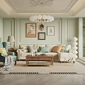 Light Green Living Room with Chandelier Framed Paintings Beige Sofa and Green Armchair