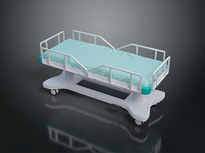 Medical Equipment Hospital Bed With White Frame Blue Mattress Side Rails And Wheels 3d model