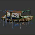 Old Red and White Rusty Model Boat with Ladder on Wooden Supports