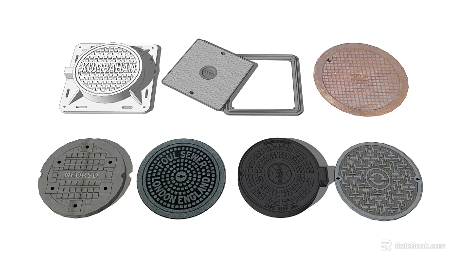 Road Infrastructure Different Types of Manhole Covers with Metal Grid and Safety Designs 3d model 