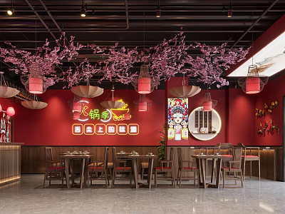 Traditional Hotpot Restaurant Interior With Red Walls Pink Cherry Blossom Decor And Chinese Style Tables 3d model