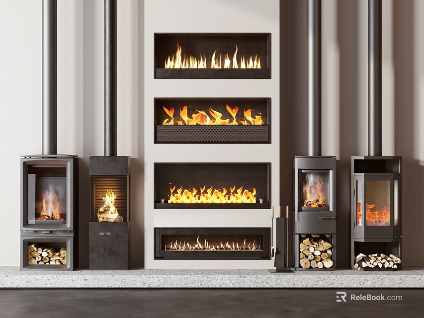 Elegant Modern Fireplace Designs With Multi Level Flames And Stacked Wood Logs 3d model 