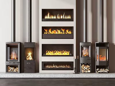 Elegant Modern Fireplace Designs With Multi Level Flames And Stacked Wood Logs 3d model