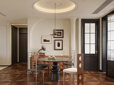 Modern Restaurant Interior Featuring Circular Pendant Light Wall Paintings And Wooden Floor 3d model