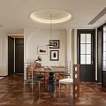 Modern Restaurant Interior Featuring Circular Pendant Light Wall Paintings And Wooden Floor