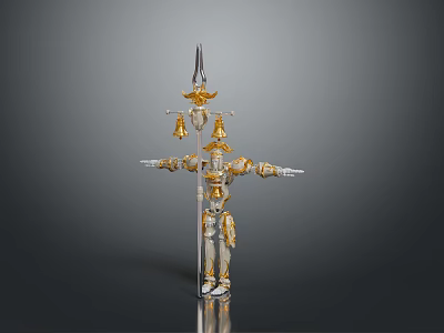 Gold And Silver Robot Cross Shaped Structure Spiked Top Outstretched Arms Bell Decorations Smooth Surface 3d model